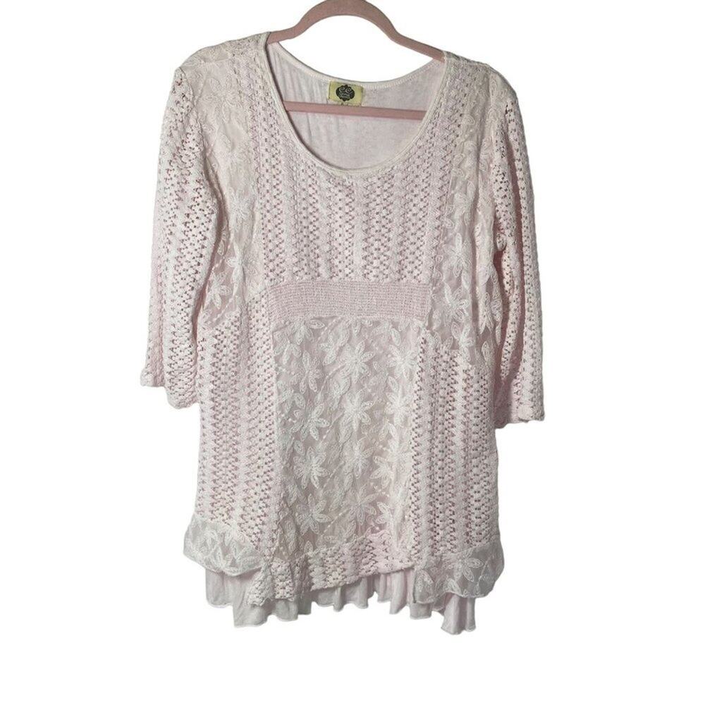 CATALOG CLASSICS Feminine, lace overlay blouse, soft pink, XL, Shabby Chic